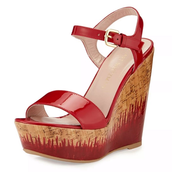Stuart Weitzman Red Flame Painted Patent Cork Wedge Heel